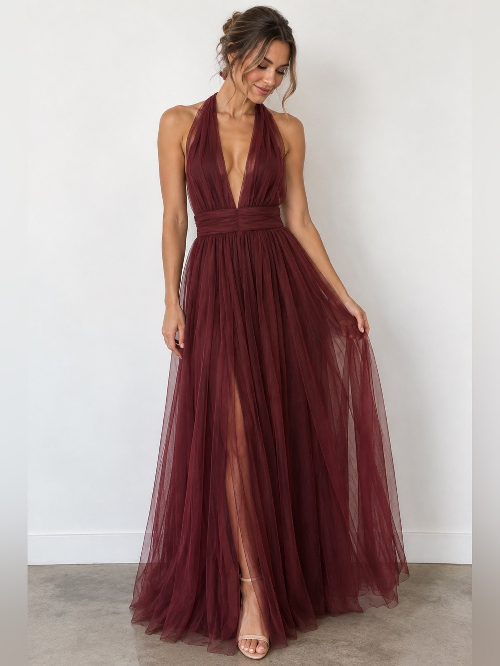 Showpo Burgundy Plunging Halter Tulle Maxi Dress Size Small Formal Evening Dress